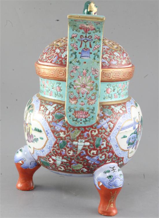 A Chinese famille rose enamelled tripod censer and cover, Qing dynasty, Jiaqing/Daoguang period, 27.5cm high, restoration